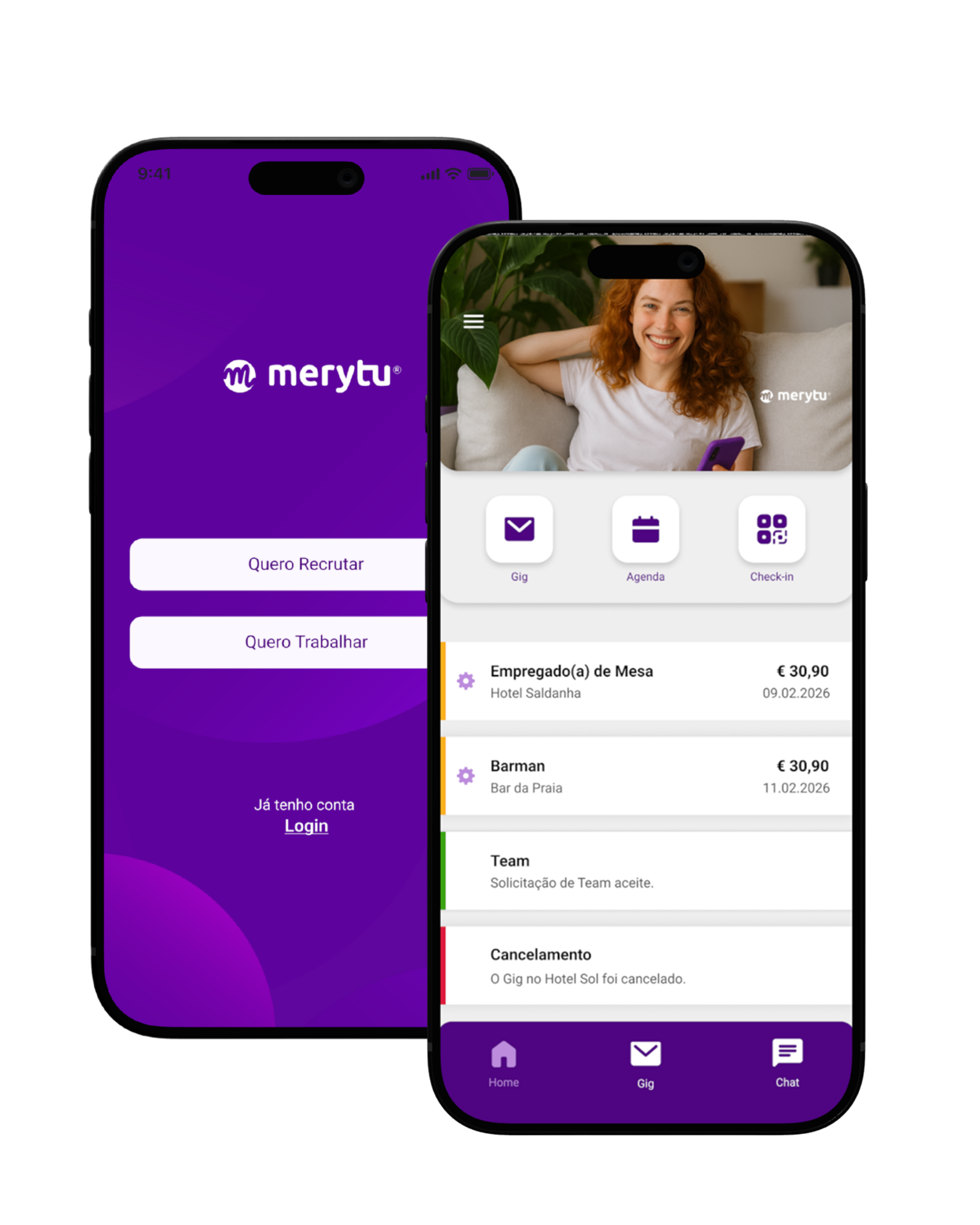 merytu app — ecrãs de registo e gigs